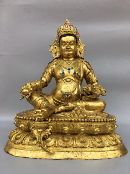 18"Tibet Temple Collection Old Bronze Gilding Mosaic Gem Yellow Jambhala Tibetan god of wealth Lotus Stage Buddha Worship Hall