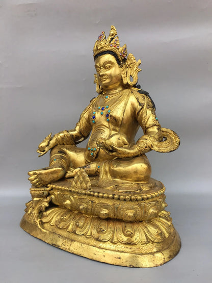 18"Tibet Temple Collection Old Bronze Gilding Mosaic Gem Yellow Jambhala Tibetan god of wealth Lotus Stage Buddha Worship Hall