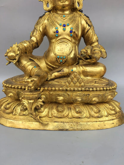 18"Tibet Temple Collection Old Bronze Gilding Mosaic Gem Yellow Jambhala Tibetan god of wealth Lotus Stage Buddha Worship Hall