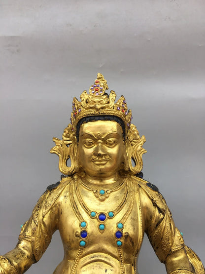 18"Tibet Temple Collection Old Bronze Gilding Mosaic Gem Yellow Jambhala Tibetan god of wealth Lotus Stage Buddha Worship Hall