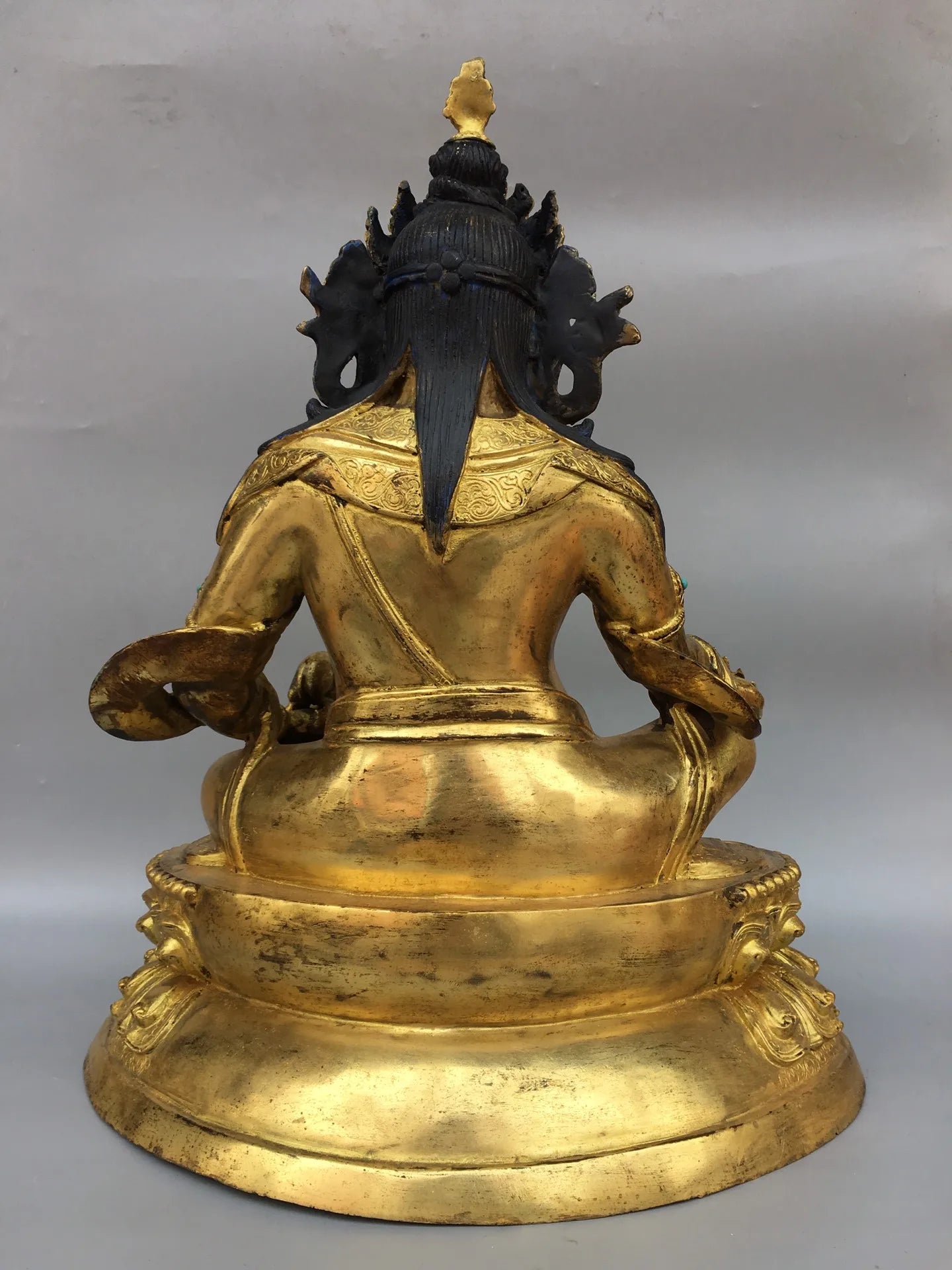 18"Tibet Temple Collection Old Bronze Gilding Mosaic Gem Yellow Jambhala Tibetan god of wealth Lotus Stage Buddha Worship Hall