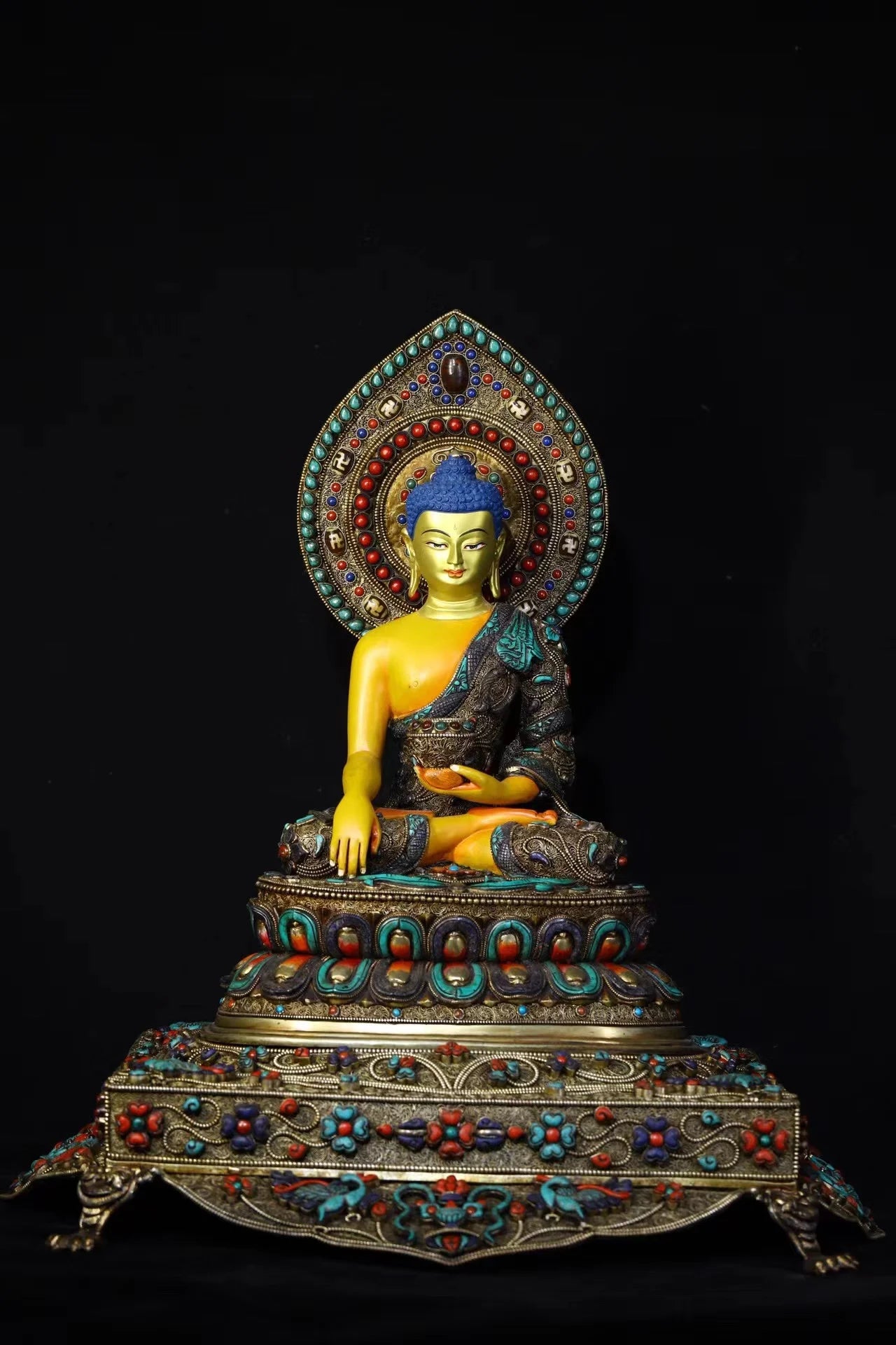 18"Tibet Temple Collection Old Tibetan silver Outline in gold Mosaic Gem Shakyamuni Buddha Backlight Buddhist Niche Worship Hall