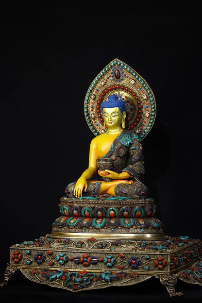 18"Tibet Temple Collection Old Tibetan silver Outline in gold Mosaic Gem Shakyamuni Buddha Backlight Buddhist Niche Worship Hall
