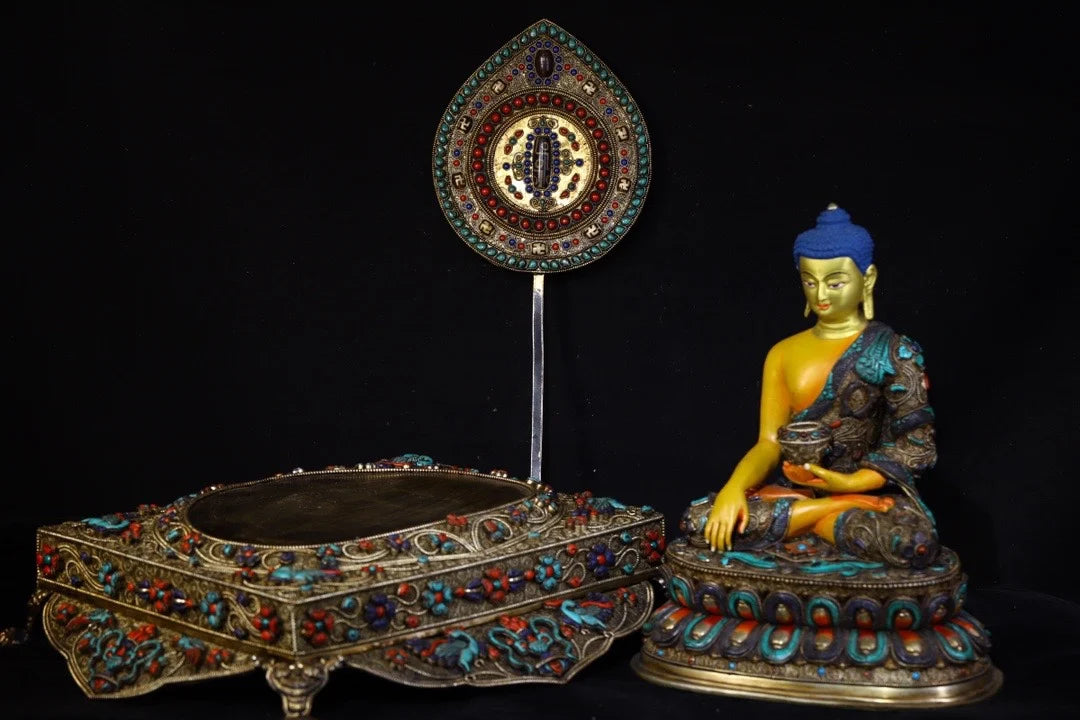 18"Tibet Temple Collection Old Tibetan silver Outline in gold Mosaic Gem Shakyamuni Buddha Backlight Buddhist Niche Worship Hall