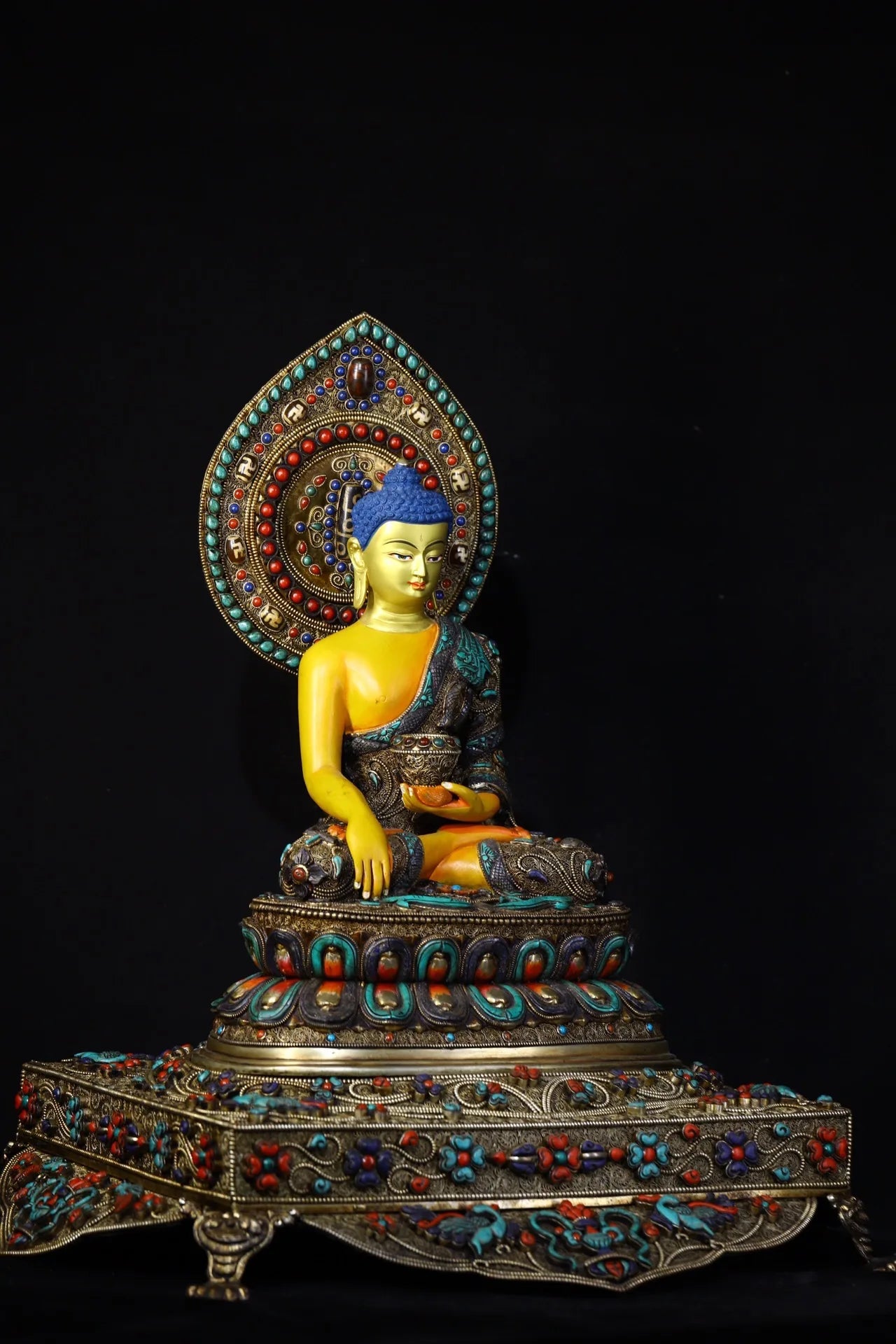 18"Tibet Temple Collection Old Tibetan silver Outline in gold Mosaic Gem Shakyamuni Buddha Backlight Buddhist Niche Worship Hall