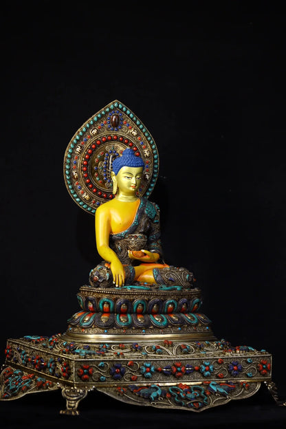 18"Tibet Temple Collection Old Tibetan silver Outline in gold Mosaic Gem Shakyamuni Buddha Backlight Buddhist Niche Worship Hall