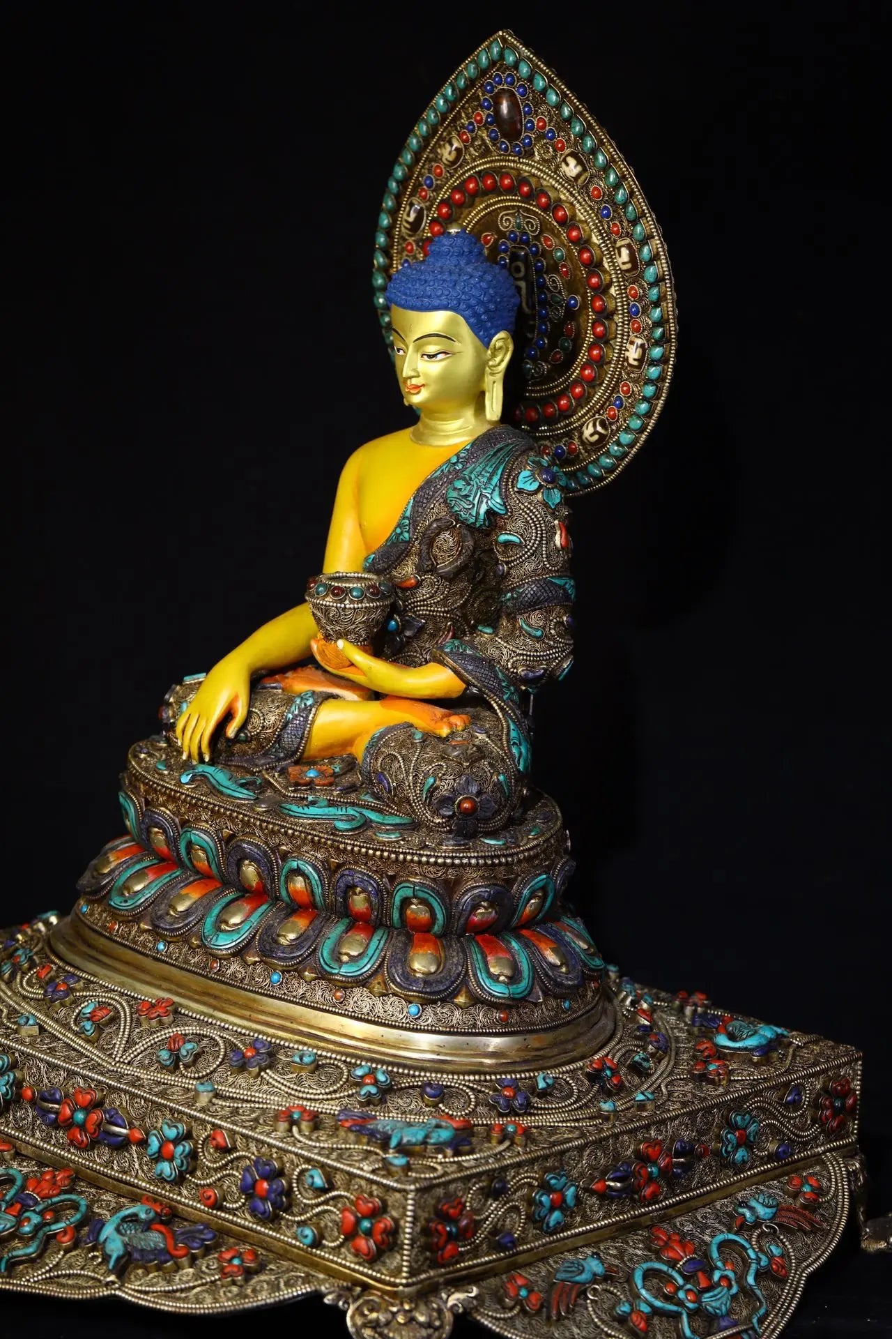 18"Tibet Temple Collection Old Tibetan silver Outline in gold Mosaic Gem Shakyamuni Buddha Backlight Buddhist Niche Worship Hall