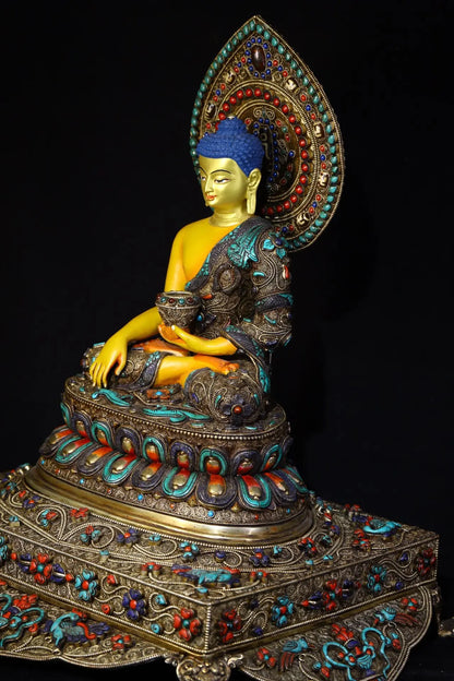 18"Tibet Temple Collection Old Tibetan silver Outline in gold Mosaic Gem Shakyamuni Buddha Backlight Buddhist Niche Worship Hall