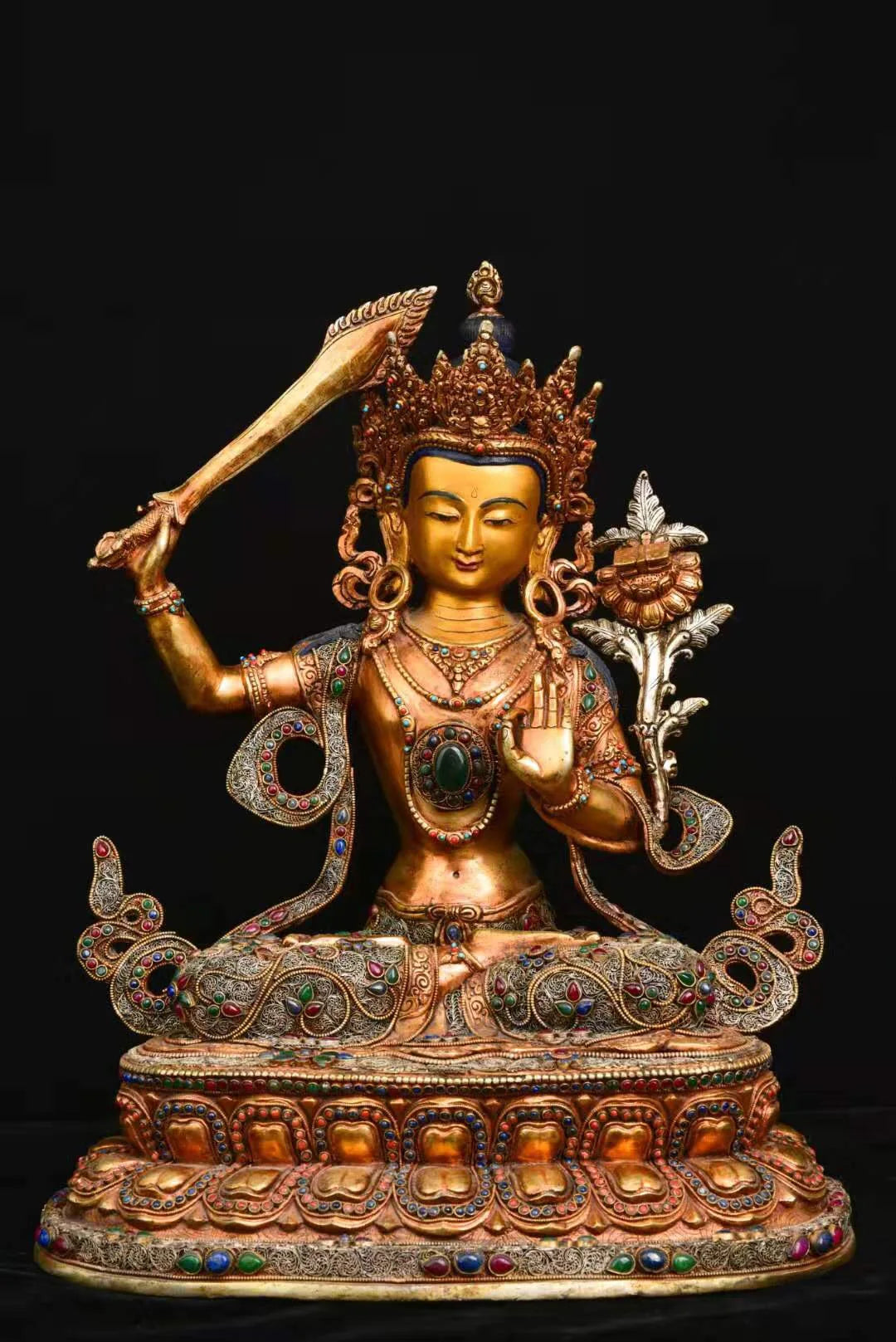 18"Tibet Temple Collection Old Tibetan silver Outline in gold filigree Mosaic Gem Manjushri Bodhisattva Buddha Worship Hall