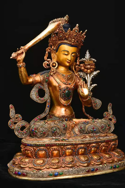 18"Tibet Temple Collection Old Tibetan silver Outline in gold filigree Mosaic Gem Manjushri Bodhisattva Buddha Worship Hall