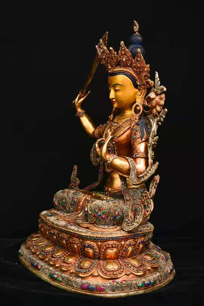 18"Tibet Temple Collection Old Tibetan silver Outline in gold filigree Mosaic Gem Manjushri Bodhisattva Buddha Worship Hall