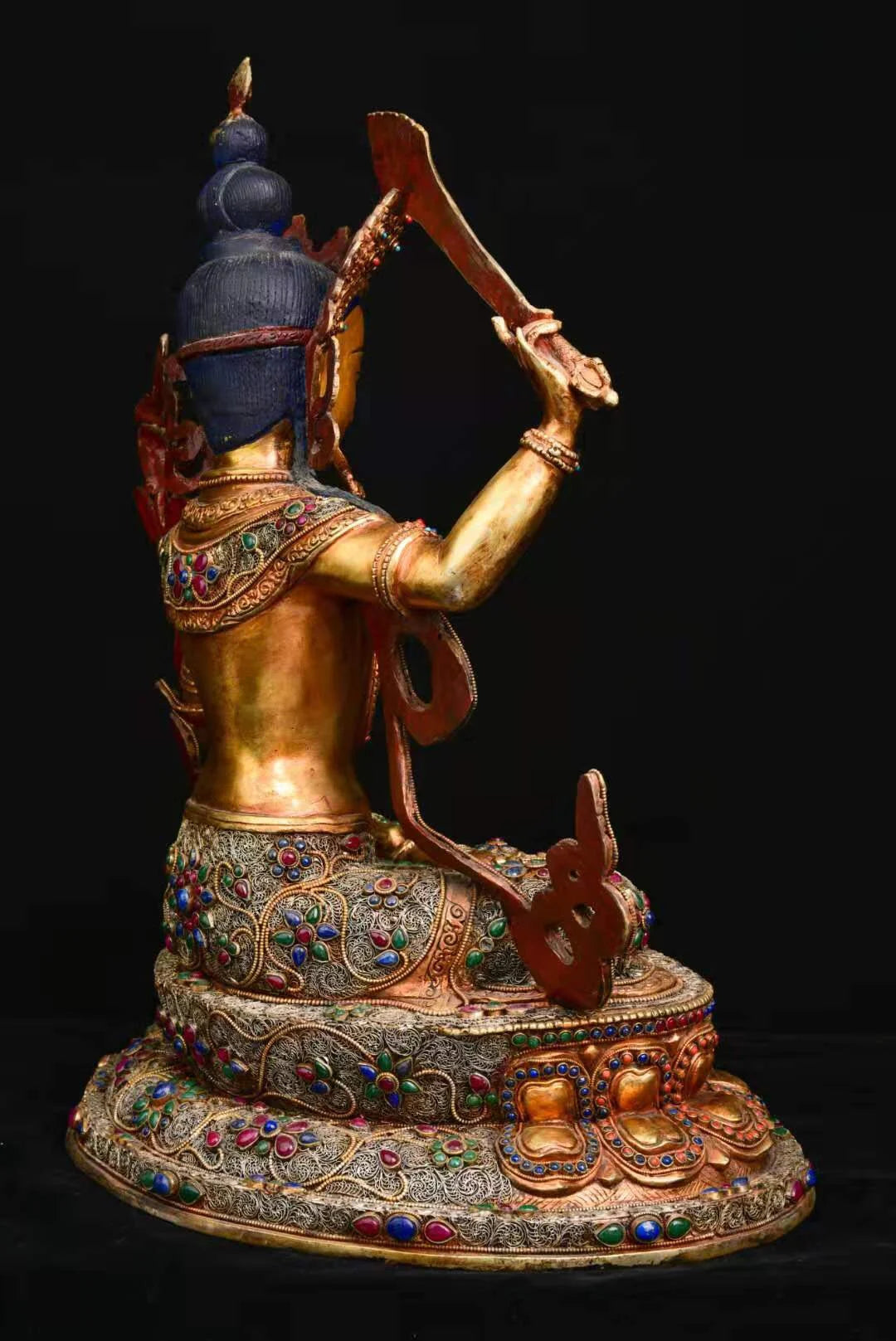 18"Tibet Temple Collection Old Tibetan silver Outline in gold filigree Mosaic Gem Manjushri Bodhisattva Buddha Worship Hall