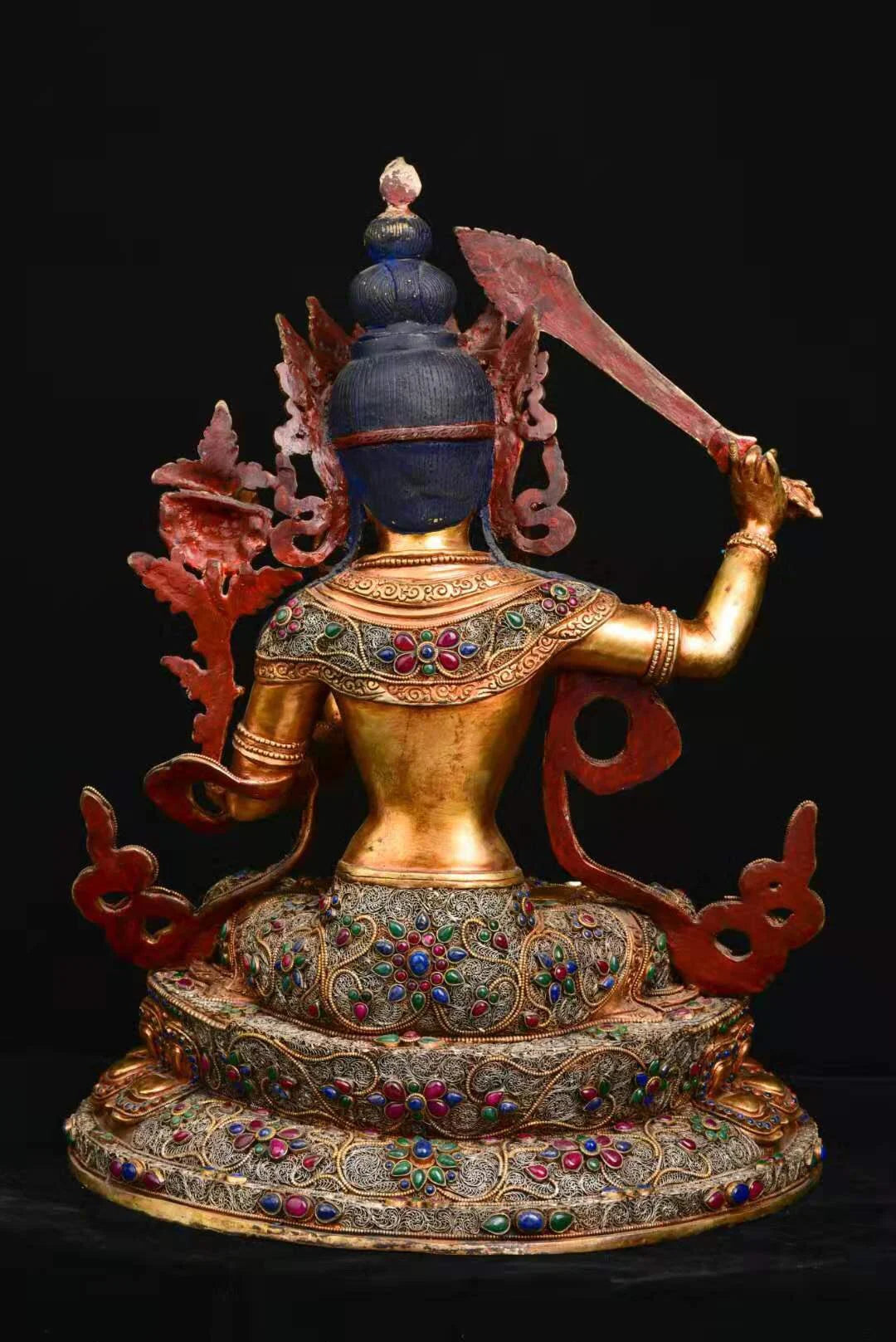 18"Tibet Temple Collection Old Tibetan silver Outline in gold filigree Mosaic Gem Manjushri Bodhisattva Buddha Worship Hall