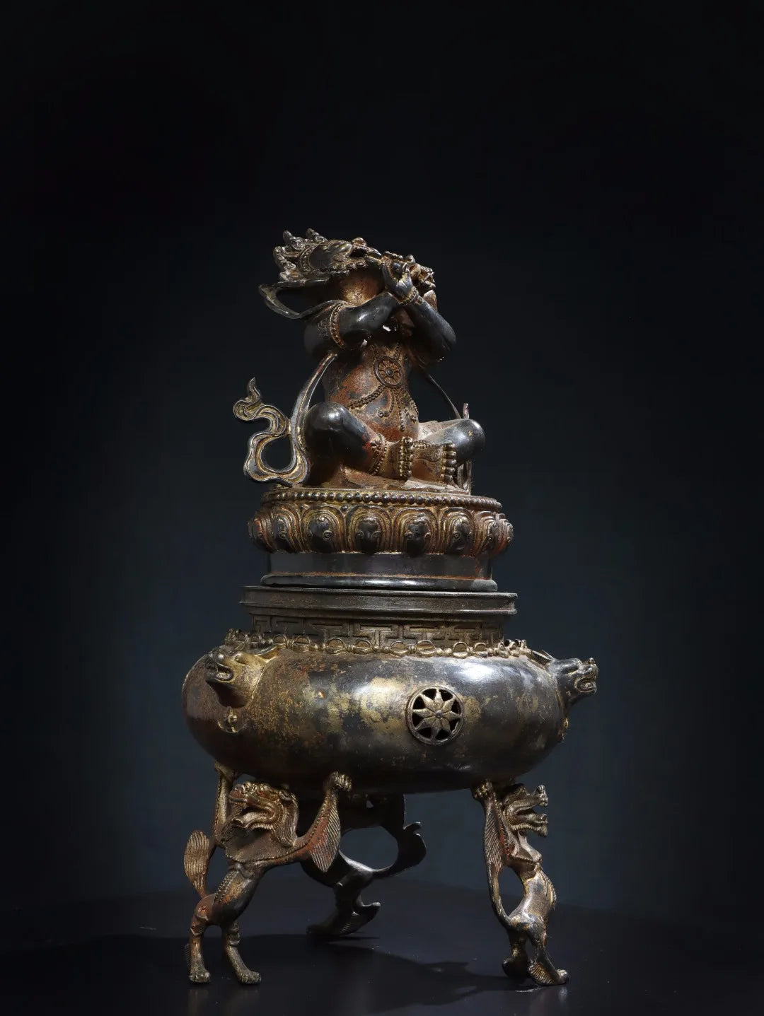 18"Tibetan Temple Collection Bronze Cinnabar Gilded Vajrapani Buddha Lion Three legged Incense Burner Worship Hall Town house