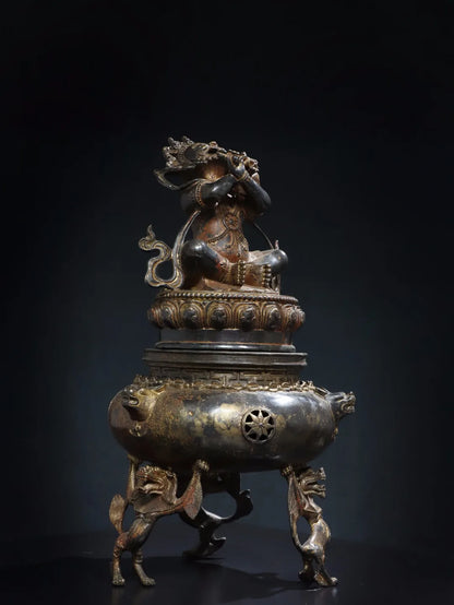 18"Tibetan Temple Collection Bronze Cinnabar Gilded Vajrapani Buddha Lion Three legged Incense Burner Worship Hall Town house