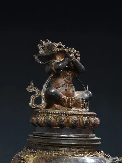 18"Tibetan Temple Collection Bronze Cinnabar Gilded Vajrapani Buddha Lion Three legged Incense Burner Worship Hall Town house