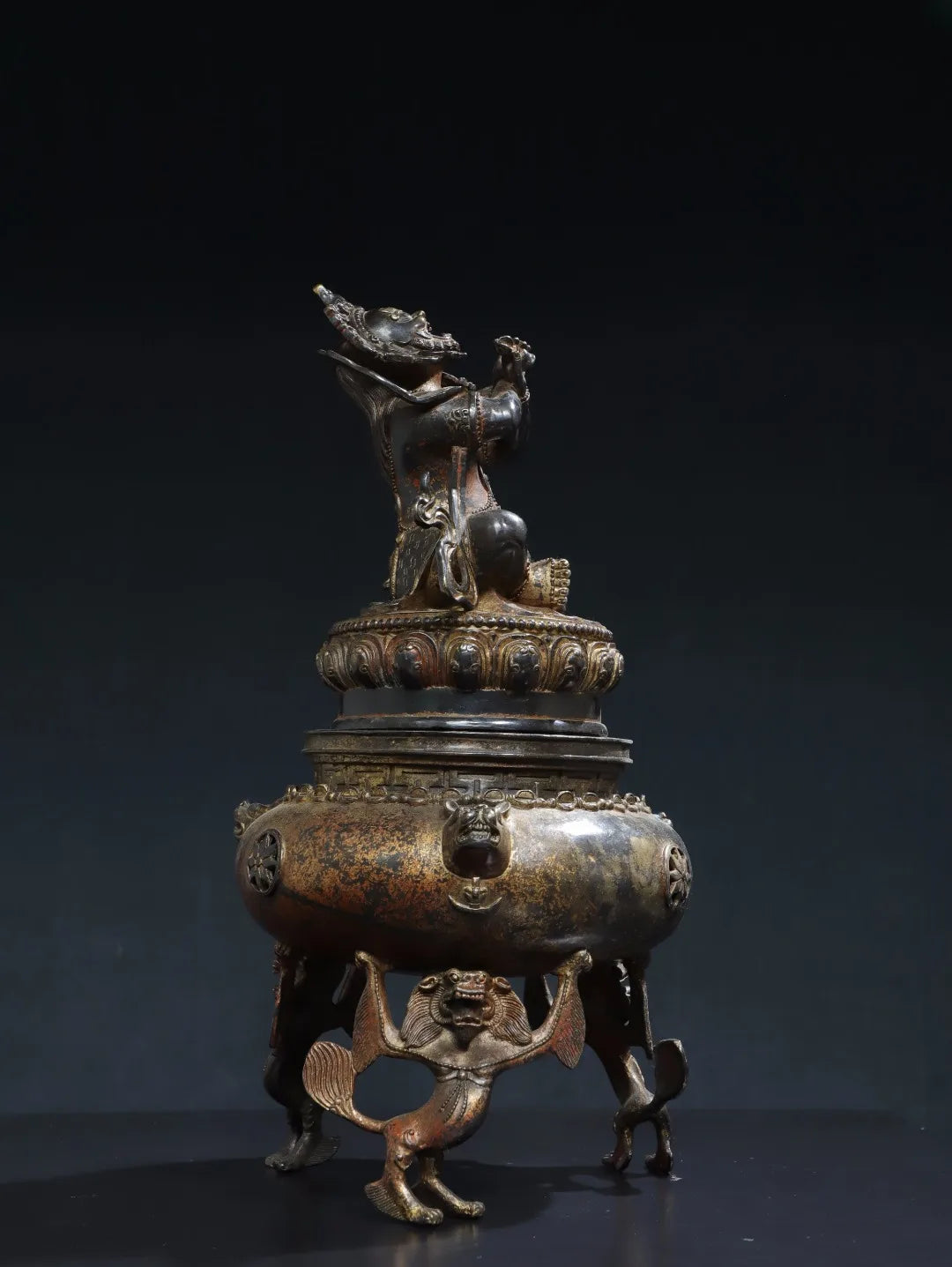 18"Tibetan Temple Collection Bronze Cinnabar Gilded Vajrapani Buddha Lion Three legged Incense Burner Worship Hall Town house