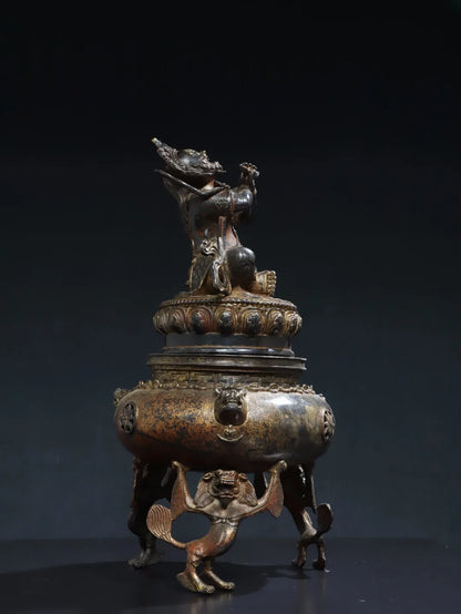 18"Tibetan Temple Collection Bronze Cinnabar Gilded Vajrapani Buddha Lion Three legged Incense Burner Worship Hall Town house