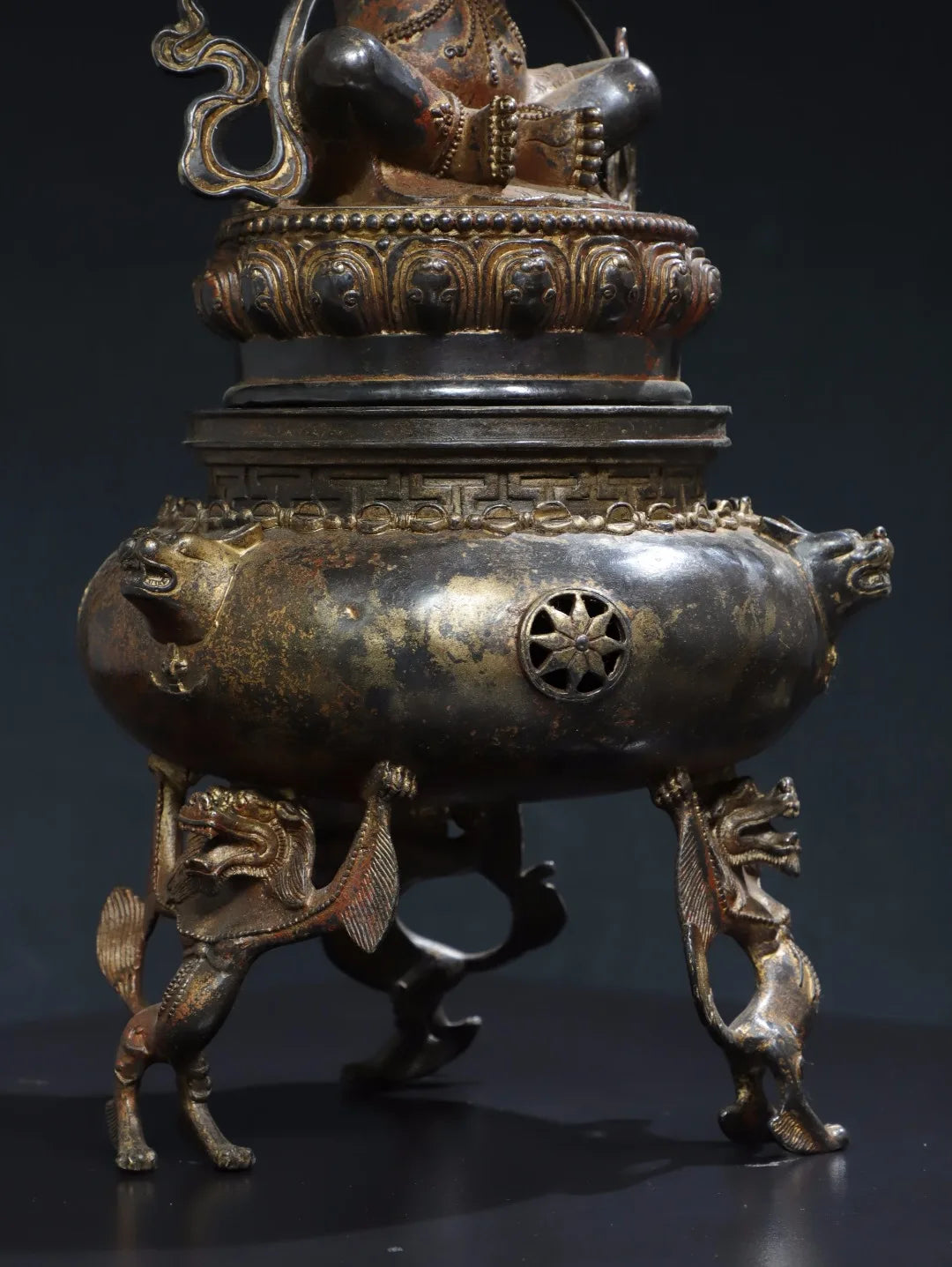 18"Tibetan Temple Collection Bronze Cinnabar Gilded Vajrapani Buddha Lion Three legged Incense Burner Worship Hall Town house