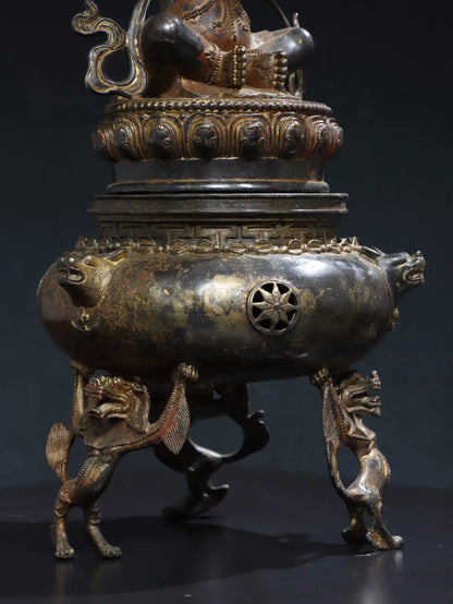 18"Tibetan Temple Collection Bronze Cinnabar Gilded Vajrapani Buddha Lion Three legged Incense Burner Worship Hall Town house
