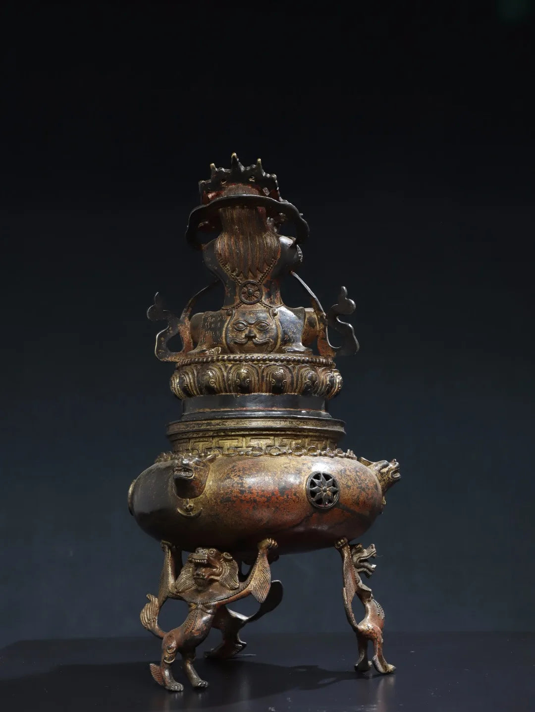 18"Tibetan Temple Collection Bronze Cinnabar Gilded Vajrapani Buddha Lion Three legged Incense Burner Worship Hall Town house