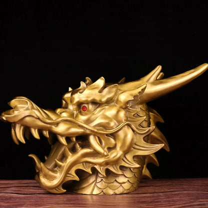 18"Tibetan Temple Collection Old Brass Dragon Head Statue Zodiac Dragon Mythical Beast Gather fortune Ornament Town house