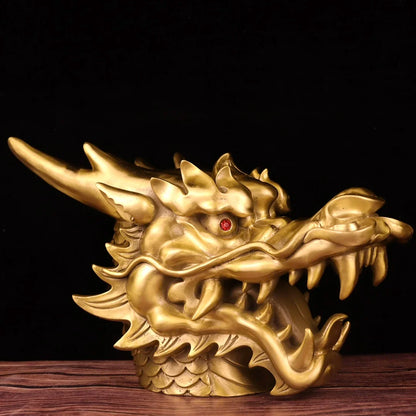 18"Tibetan Temple Collection Old Brass Dragon Head Statue Zodiac Dragon Mythical Beast Gather fortune Ornament Town house