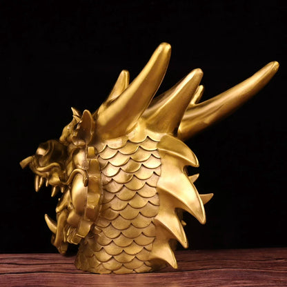 18"Tibetan Temple Collection Old Brass Dragon Head Statue Zodiac Dragon Mythical Beast Gather fortune Ornament Town house