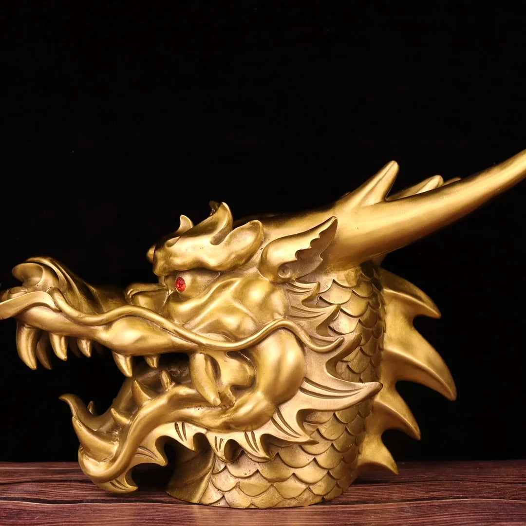 18"Tibetan Temple Collection Old Brass Dragon Head Statue Zodiac Dragon Mythical Beast Gather fortune Ornament Town house