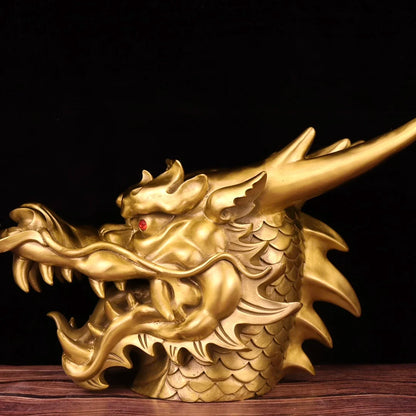 18"Tibetan Temple Collection Old Brass Dragon Head Statue Zodiac Dragon Mythical Beast Gather fortune Ornament Town house