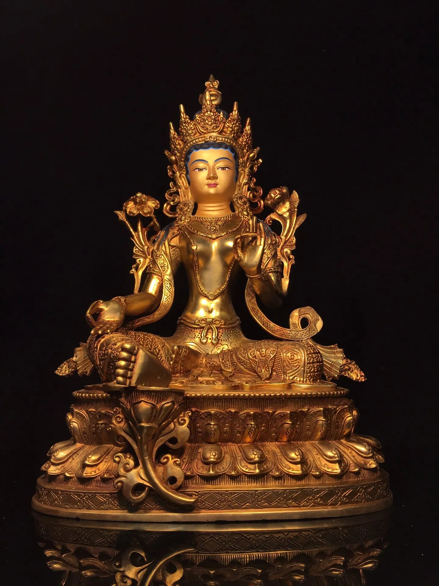 18"Tibetan Temple Collection Old Bronze Cinnabar Gilt Face Painting Green Tara Buddha Double Lotus Platform Worship Hall