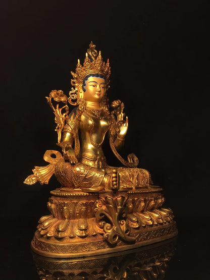 18"Tibetan Temple Collection Old Bronze Cinnabar Gilt Face Painting Green Tara Buddha Double Lotus Platform Worship Hall