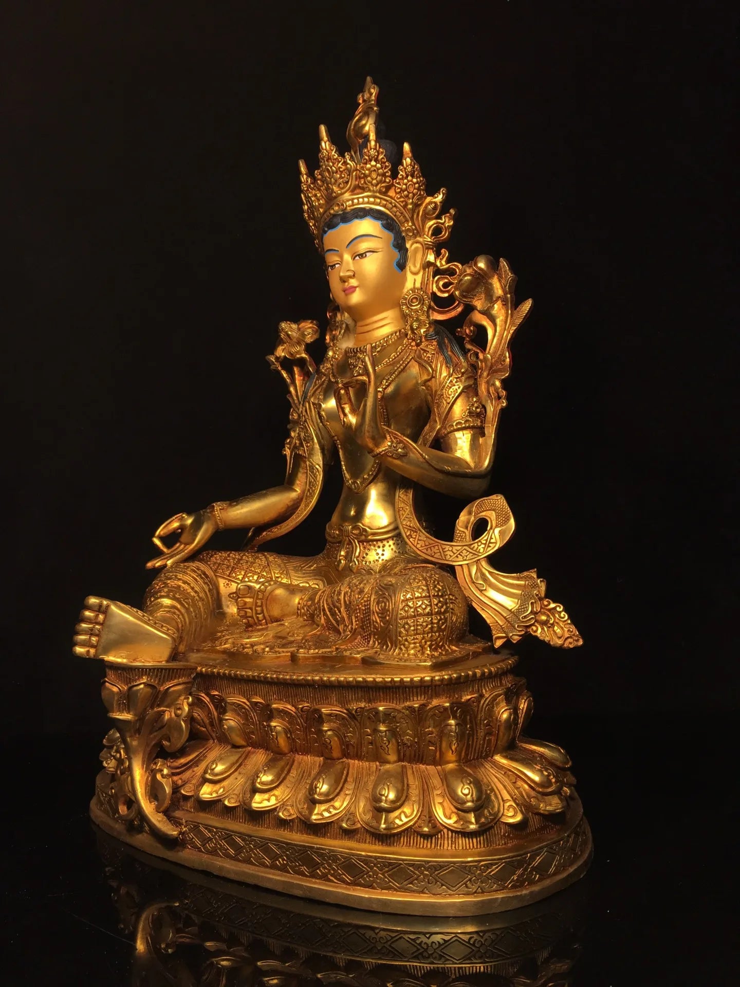 18"Tibetan Temple Collection Old Bronze Cinnabar Gilt Face Painting Green Tara Buddha Double Lotus Platform Worship Hall