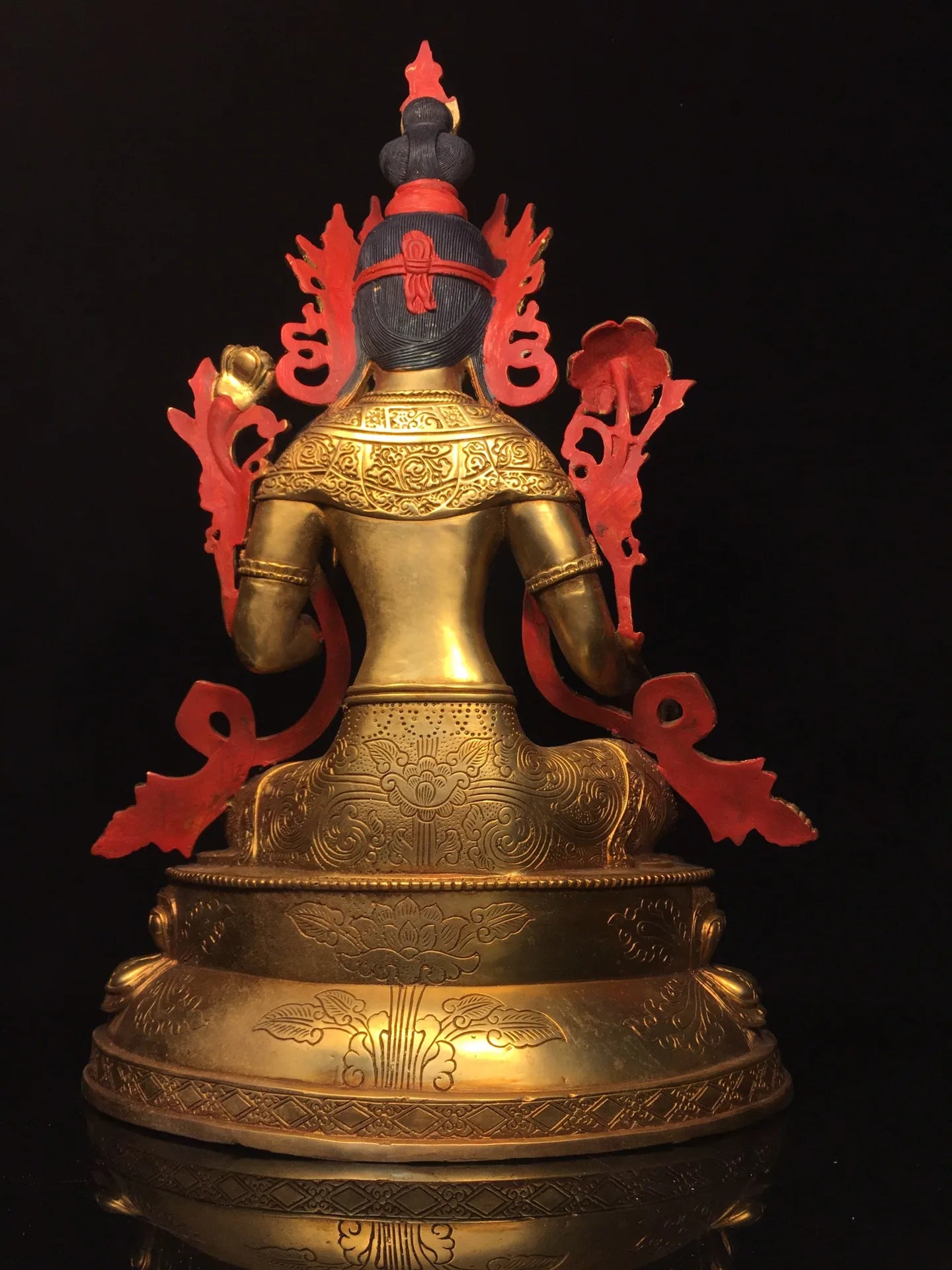 18"Tibetan Temple Collection Old Bronze Cinnabar Gilt Face Painting Green Tara Buddha Double Lotus Platform Worship Hall