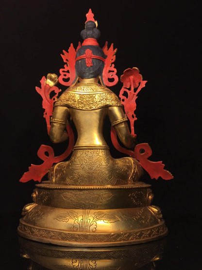 18"Tibetan Temple Collection Old Bronze Cinnabar Gilt Face Painting Green Tara Buddha Double Lotus Platform Worship Hall