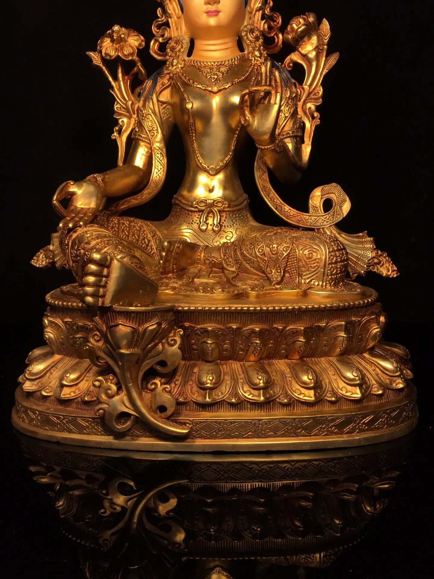 18"Tibetan Temple Collection Old Bronze Cinnabar Gilt Face Painting Green Tara Buddha Double Lotus Platform Worship Hall