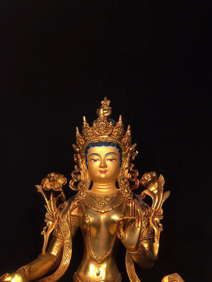 18"Tibetan Temple Collection Old Bronze Cinnabar Gilt Face Painting Green Tara Buddha Double Lotus Platform Worship Hall