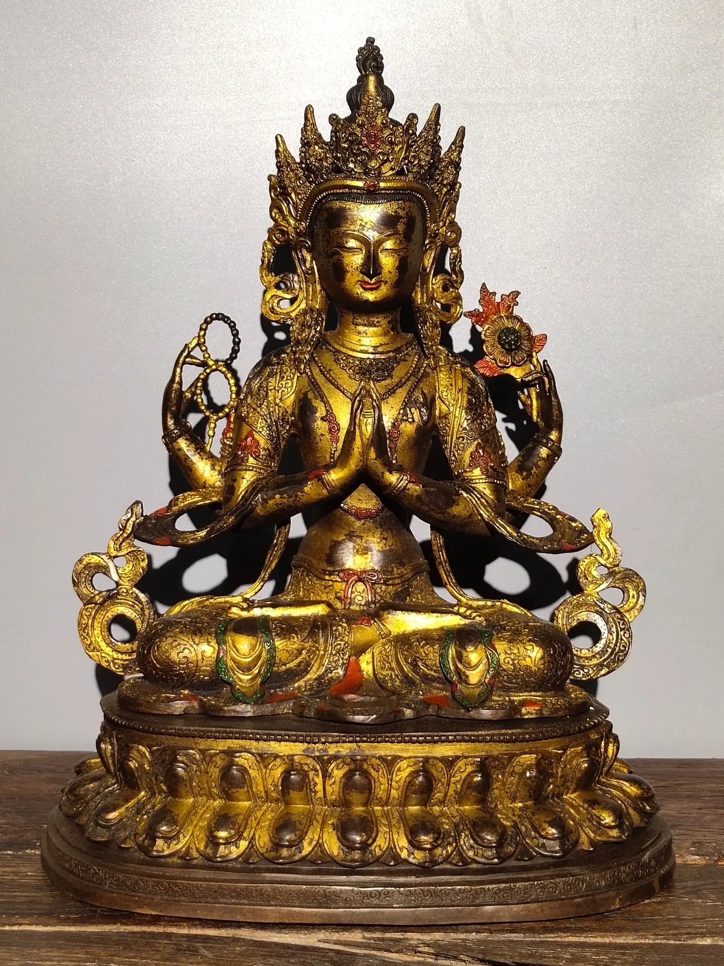 18"Tibetan Temple Collection Old Bronze Cinnabar Mud gold Four arms Guanyin Bodhisattva Sitting Buddha worship hall Town House