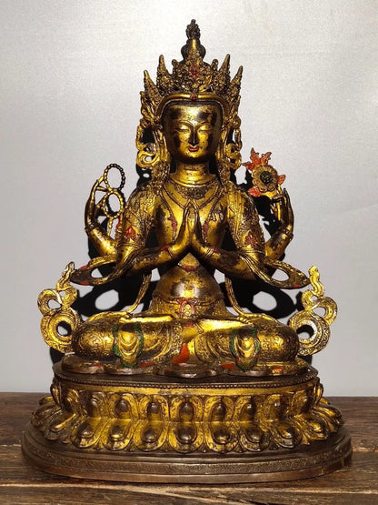 18"Tibetan Temple Collection Old Bronze Cinnabar Mud gold Four arms Guanyin Bodhisattva Sitting Buddha worship hall Town House