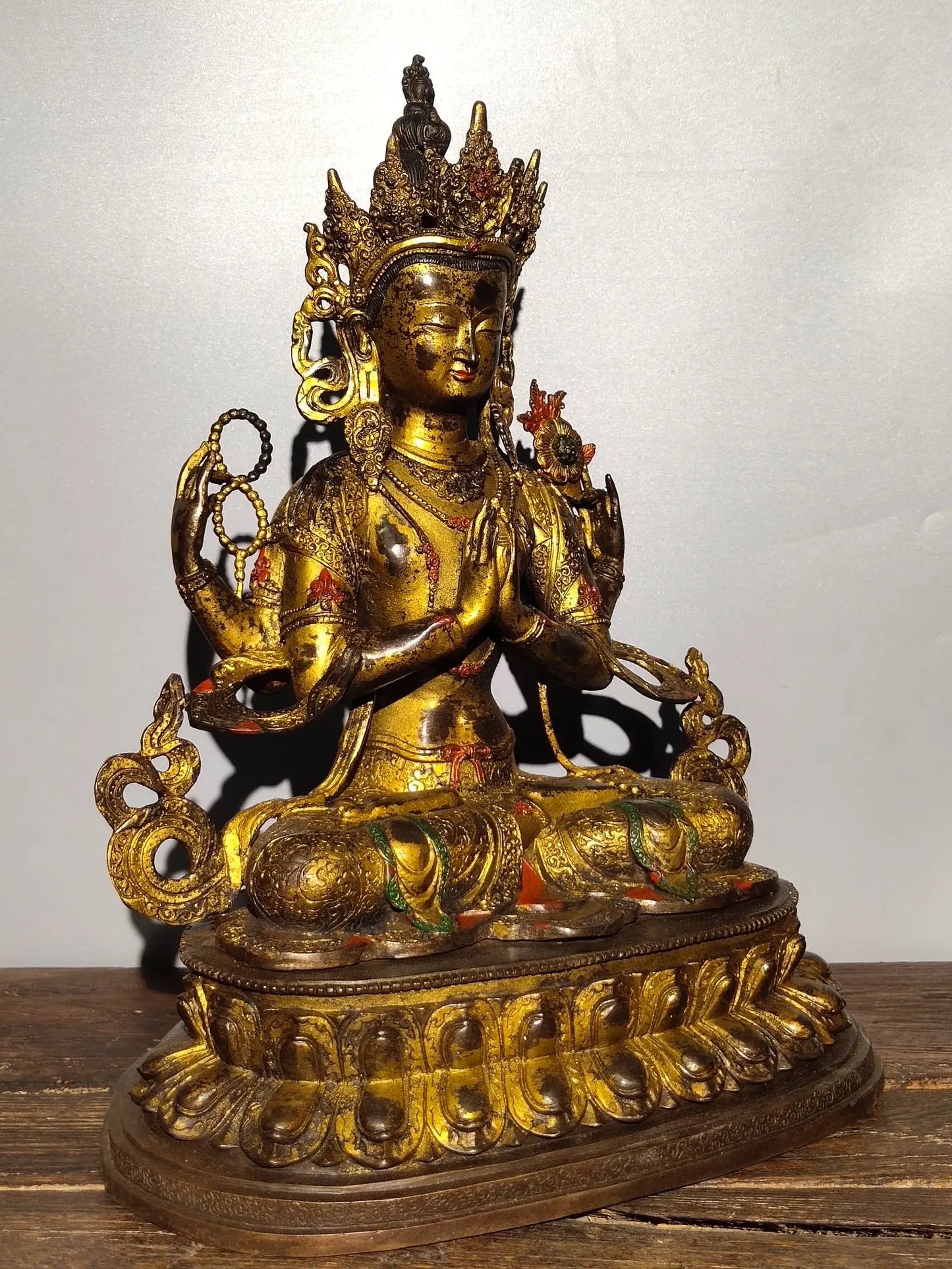 18"Tibetan Temple Collection Old Bronze Cinnabar Mud gold Four arms Guanyin Bodhisattva Sitting Buddha worship hall Town House