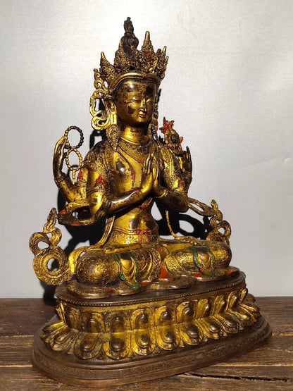 18"Tibetan Temple Collection Old Bronze Cinnabar Mud gold Four arms Guanyin Bodhisattva Sitting Buddha worship hall Town House