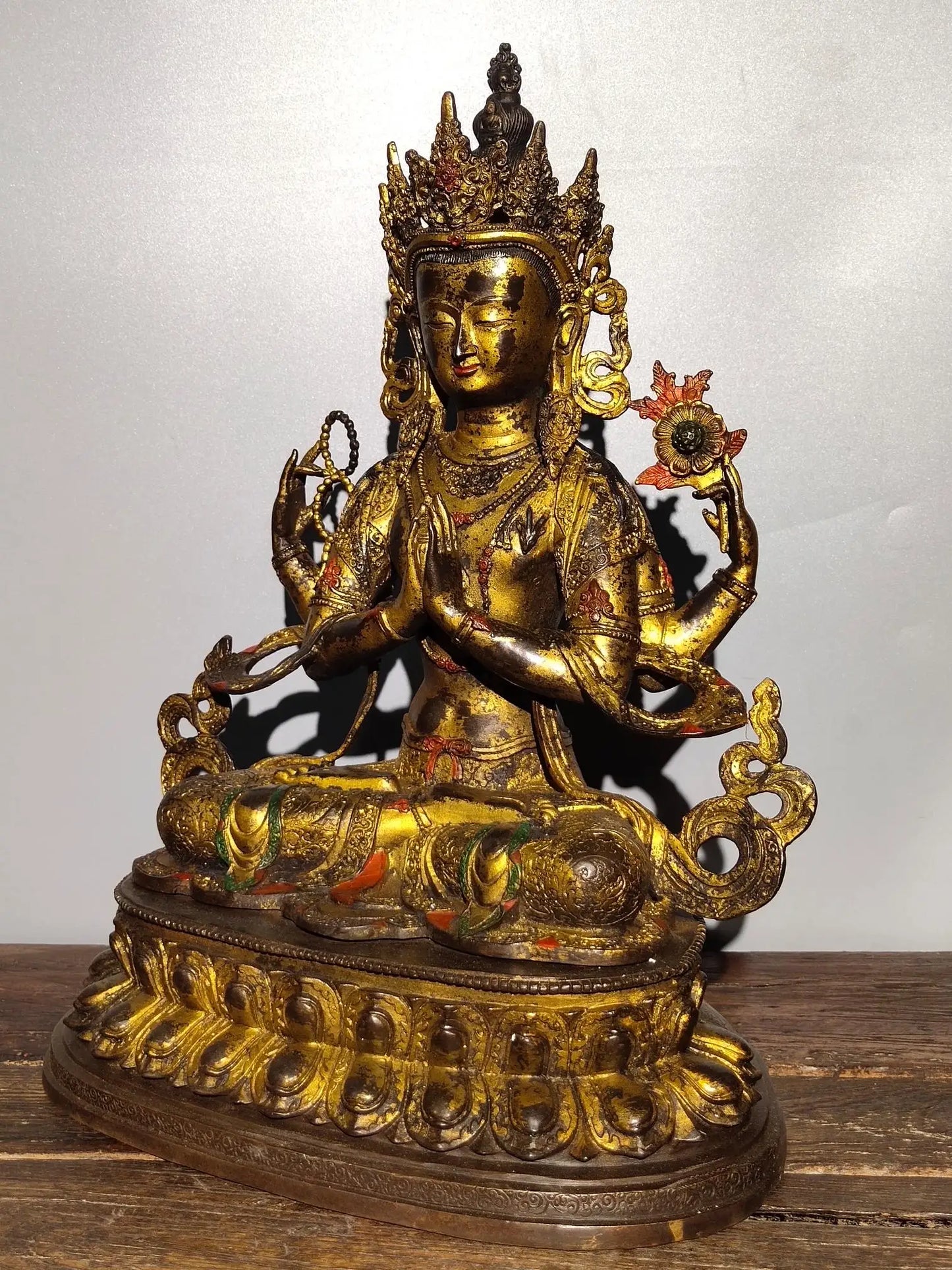 18"Tibetan Temple Collection Old Bronze Cinnabar Mud gold Four arms Guanyin Bodhisattva Sitting Buddha worship hall Town House