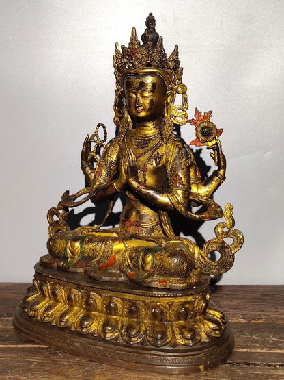 18"Tibetan Temple Collection Old Bronze Cinnabar Mud gold Four arms Guanyin Bodhisattva Sitting Buddha worship hall Town House