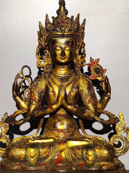 18"Tibetan Temple Collection Old Bronze Cinnabar Mud gold Four arms Guanyin Bodhisattva Sitting Buddha worship hall Town House