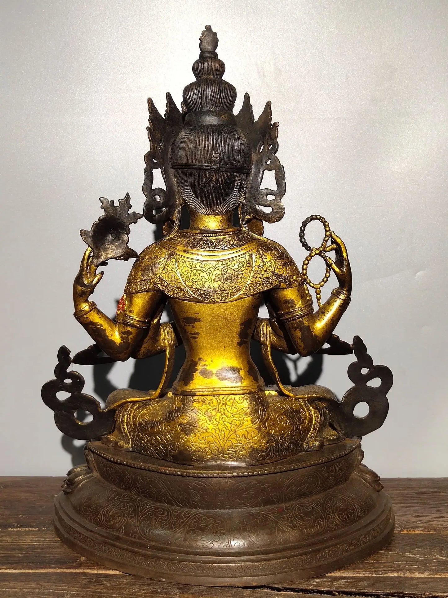 18"Tibetan Temple Collection Old Bronze Cinnabar Mud gold Four arms Guanyin Bodhisattva Sitting Buddha worship hall Town House