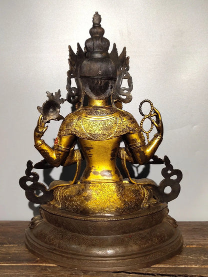 18"Tibetan Temple Collection Old Bronze Cinnabar Mud gold Four arms Guanyin Bodhisattva Sitting Buddha worship hall Town House
