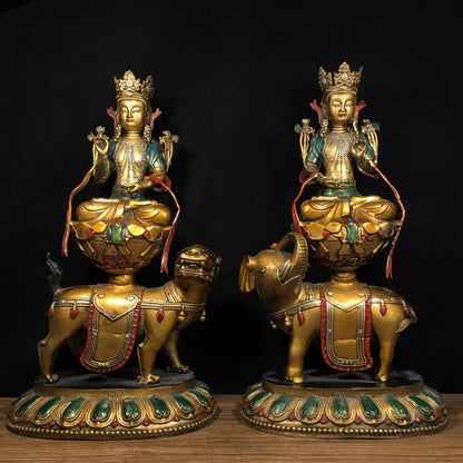 18"Tibetan Temple Collection Old Bronze Cinnabar Painted Manjusri Samantabhadra Riding Beasts A set Worship Hall Town House