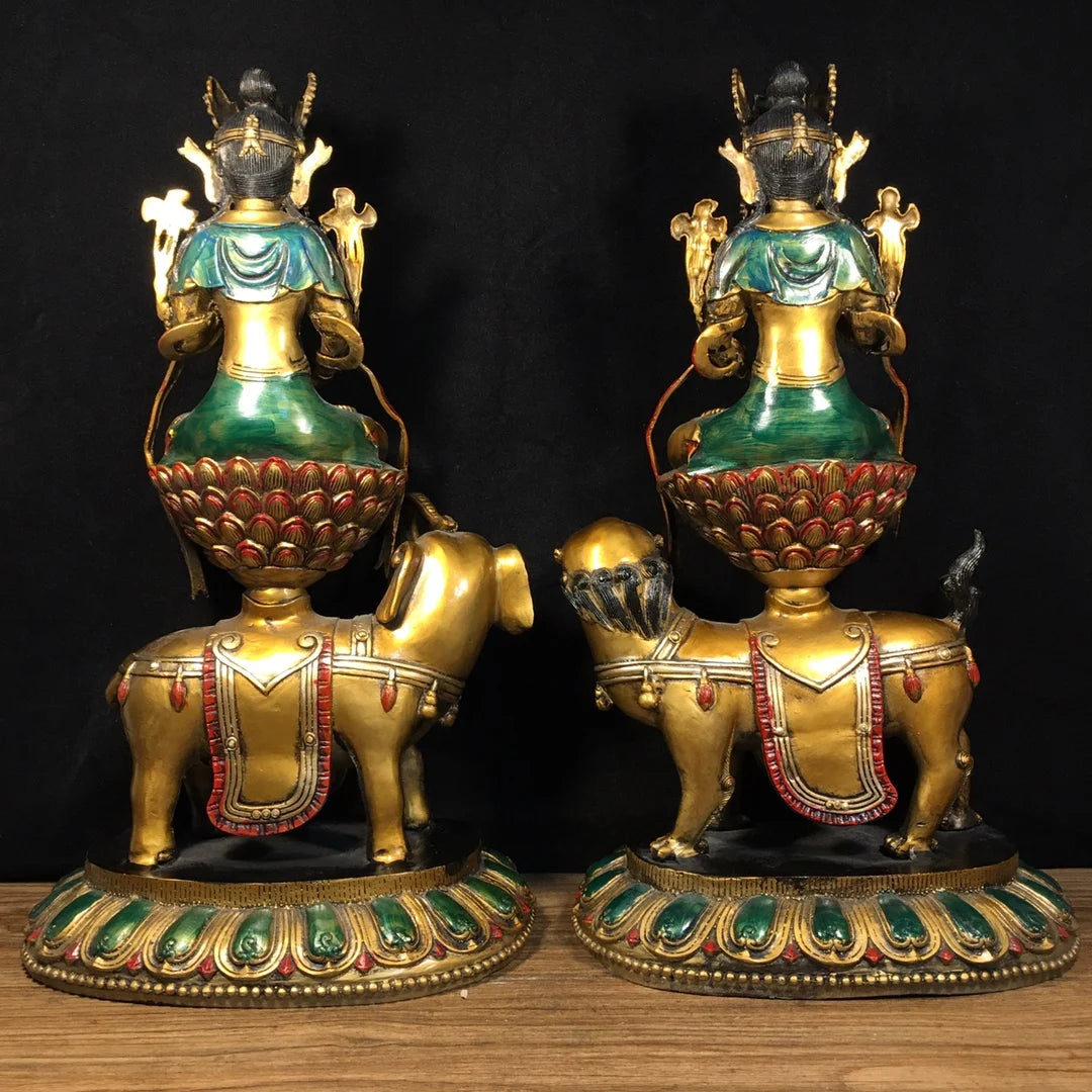 18"Tibetan Temple Collection Old Bronze Cinnabar Painted Manjusri Samantabhadra Riding Beasts A set Worship Hall Town House