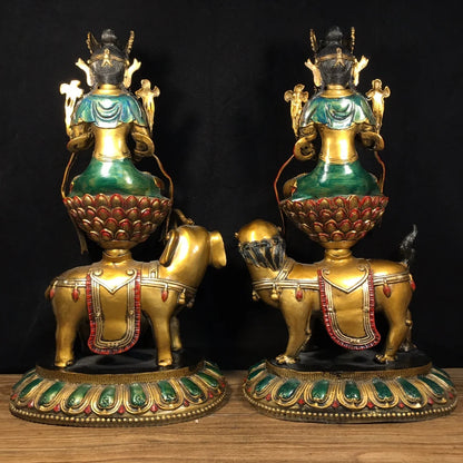 18"Tibetan Temple Collection Old Bronze Cinnabar Painted Manjusri Samantabhadra Riding Beasts A set Worship Hall Town House