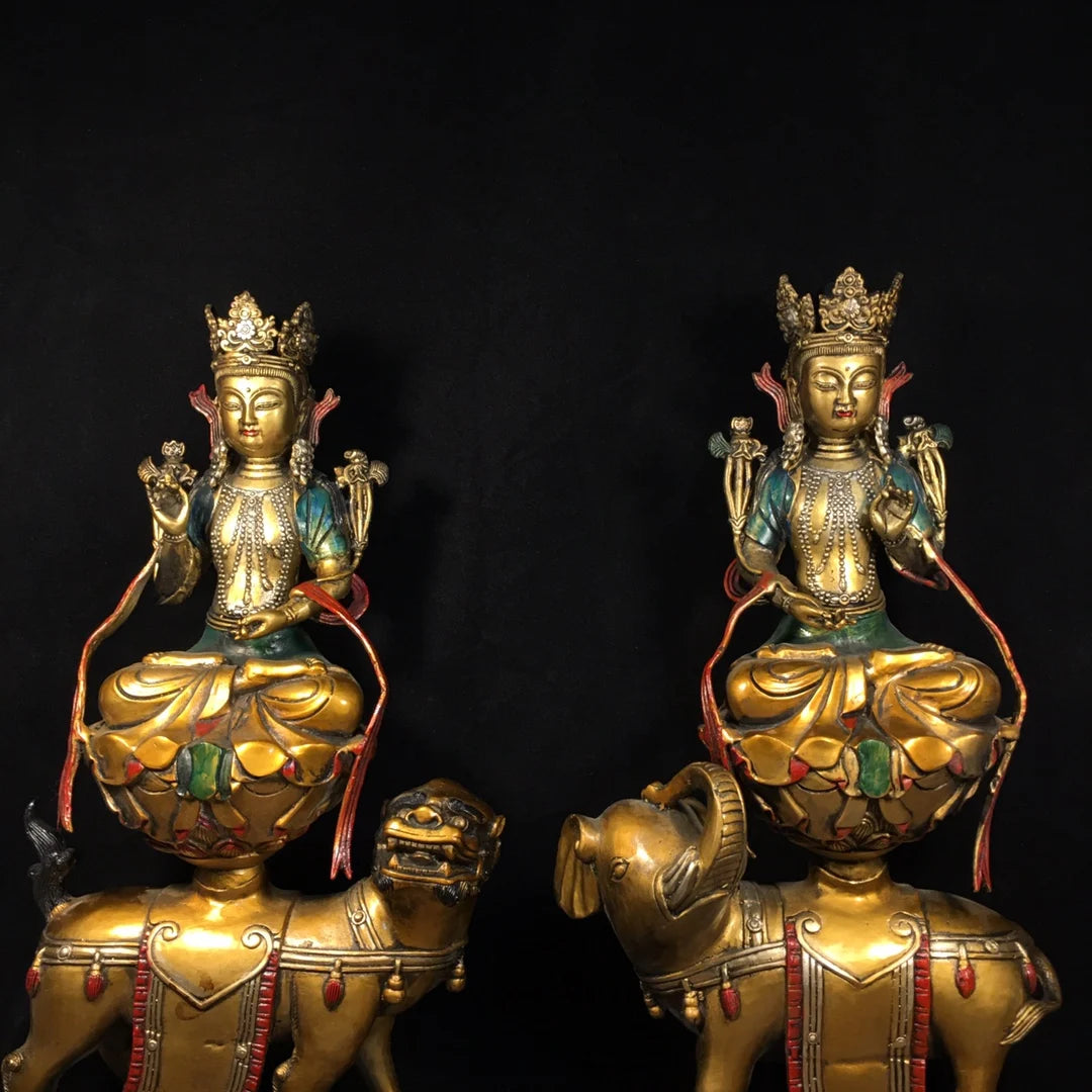 18"Tibetan Temple Collection Old Bronze Cinnabar Painted Manjusri Samantabhadra Riding Beasts A set Worship Hall Town House